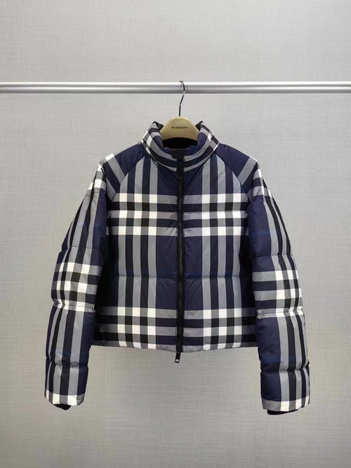 Burberry Beige and Navy Check Short Puffer Jacket — front