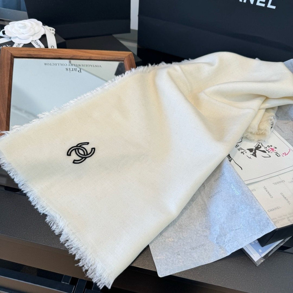 Chanel Ivory Fringed Cashmere Scarf — front