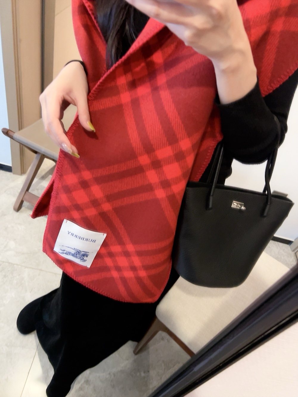 Burberry Red Check Hooded Scarf Shawl — detail