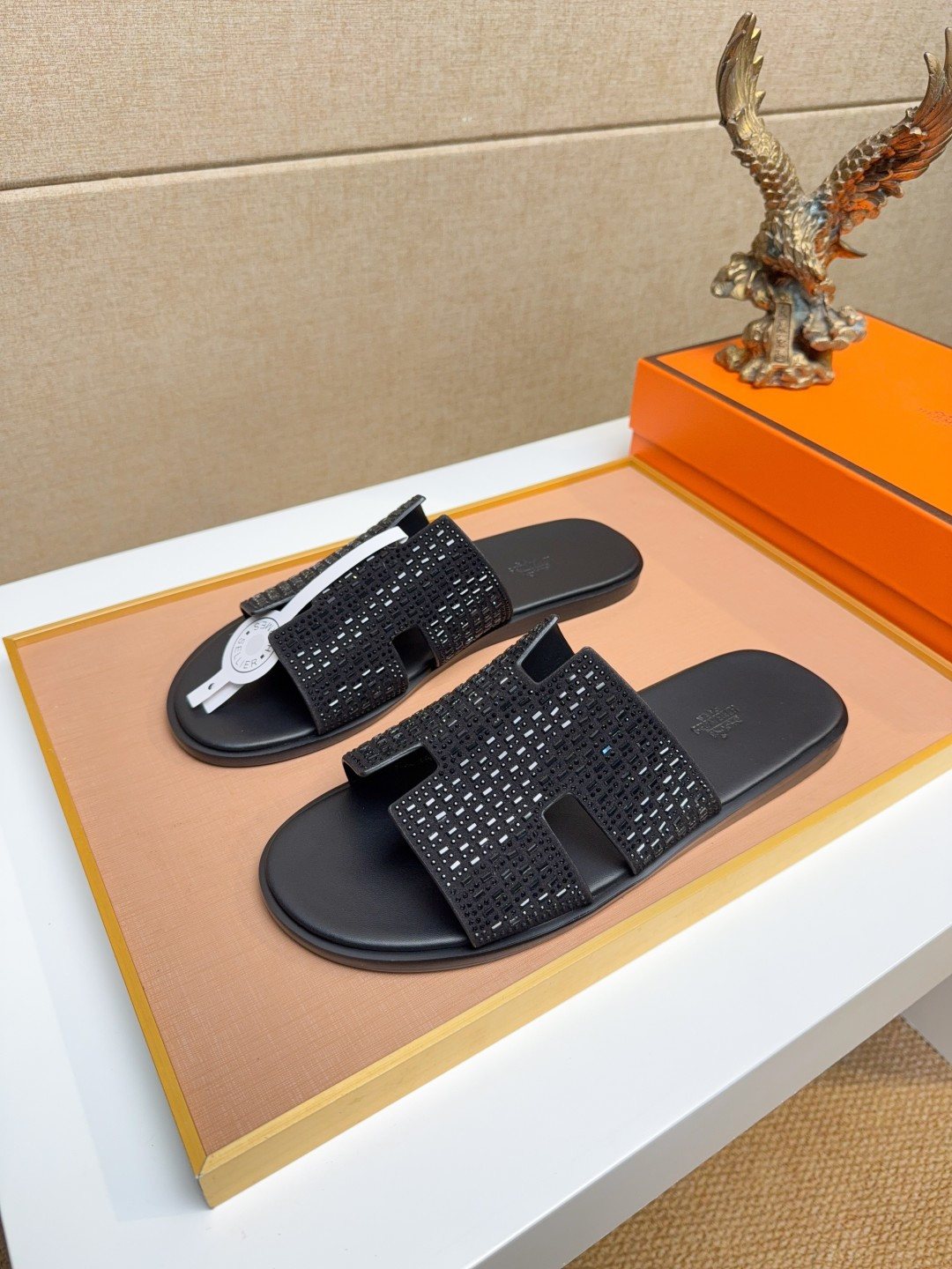 Hermès Black Textured H Slide Sandals — front