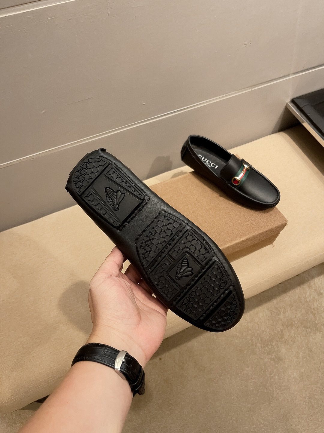 Gucci Black Web Buckle Loafers — detail