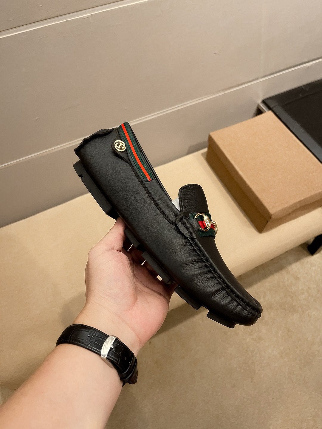 Gucci Black Web Buckle Loafers — side