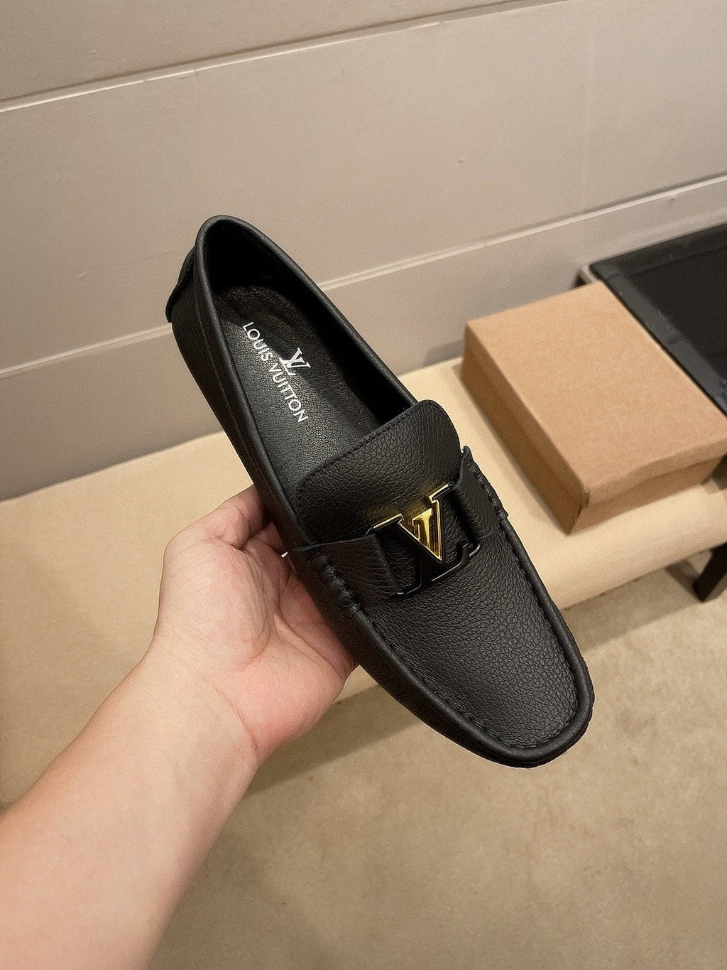 Louis Vuitton Black Gold-Tone Buckle Loafers — front