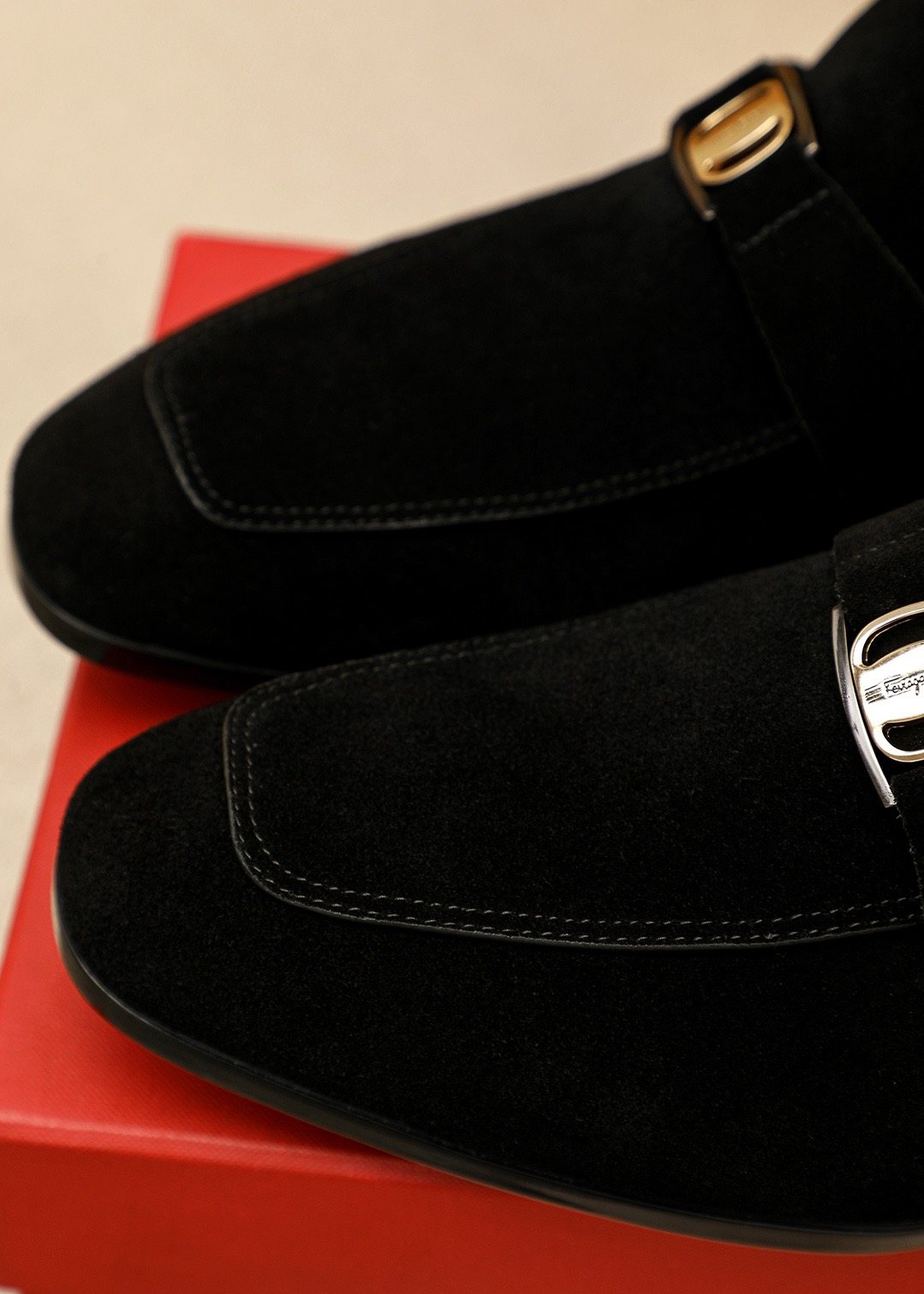 Ferragamo Black Buckle Slip-On Loafers — detail