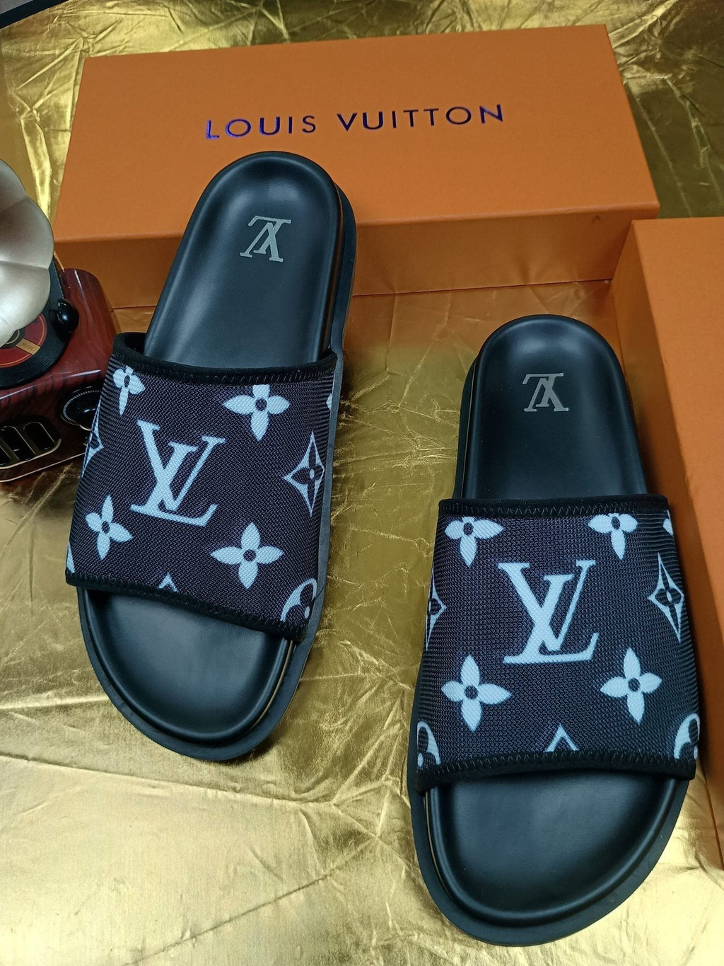 Louis Vuitton Navy Monogram Slide Sandals — front