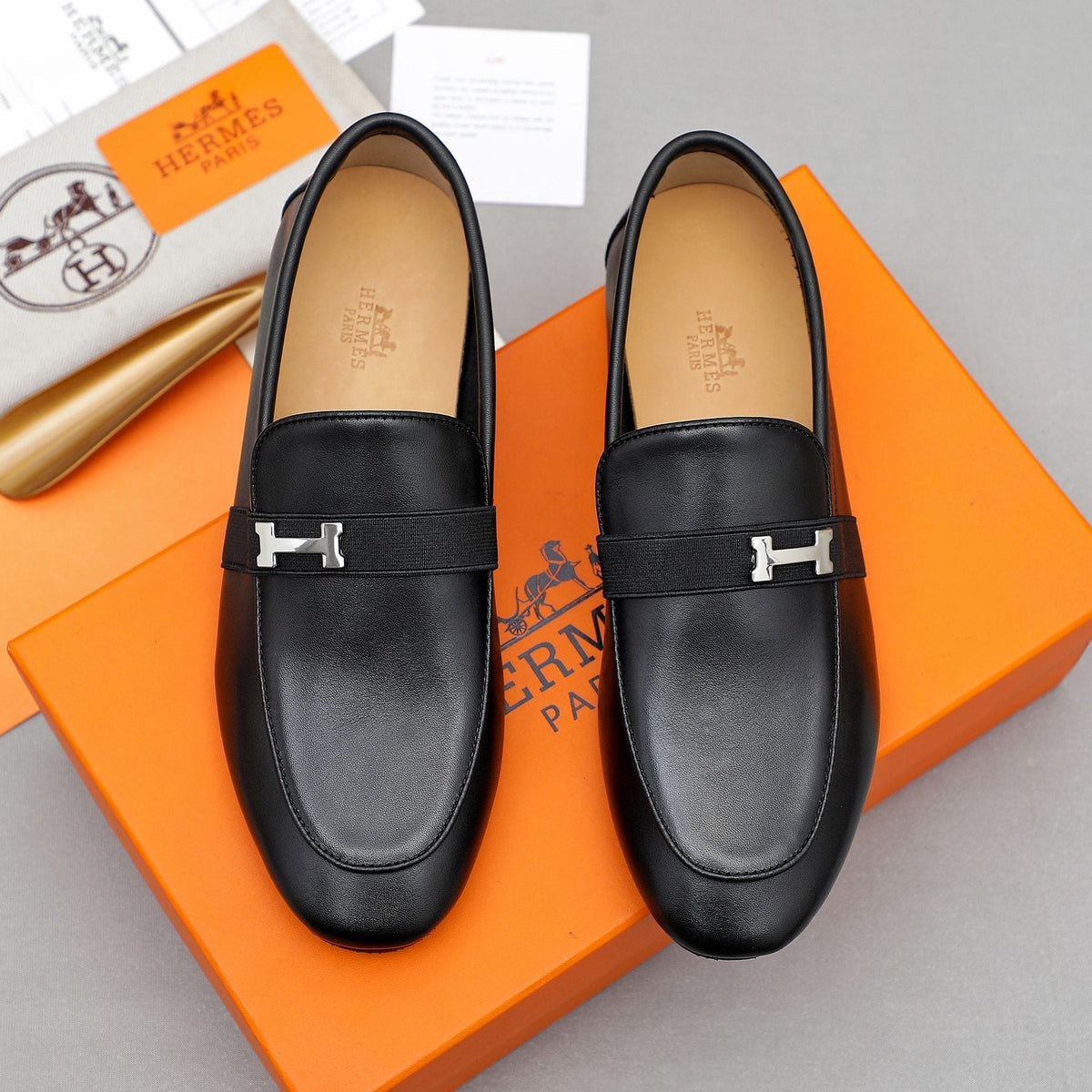 Hermès Black H-Hardware Slip-On Loafers — front