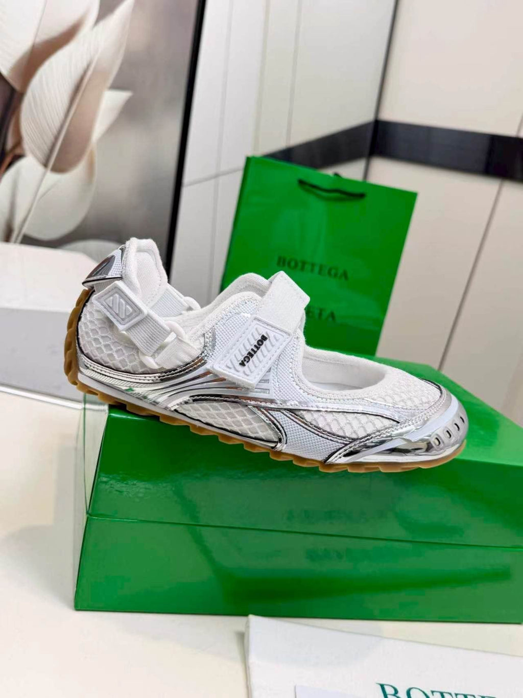 Bottega Veneta White Mesh Strap Sneakers — side