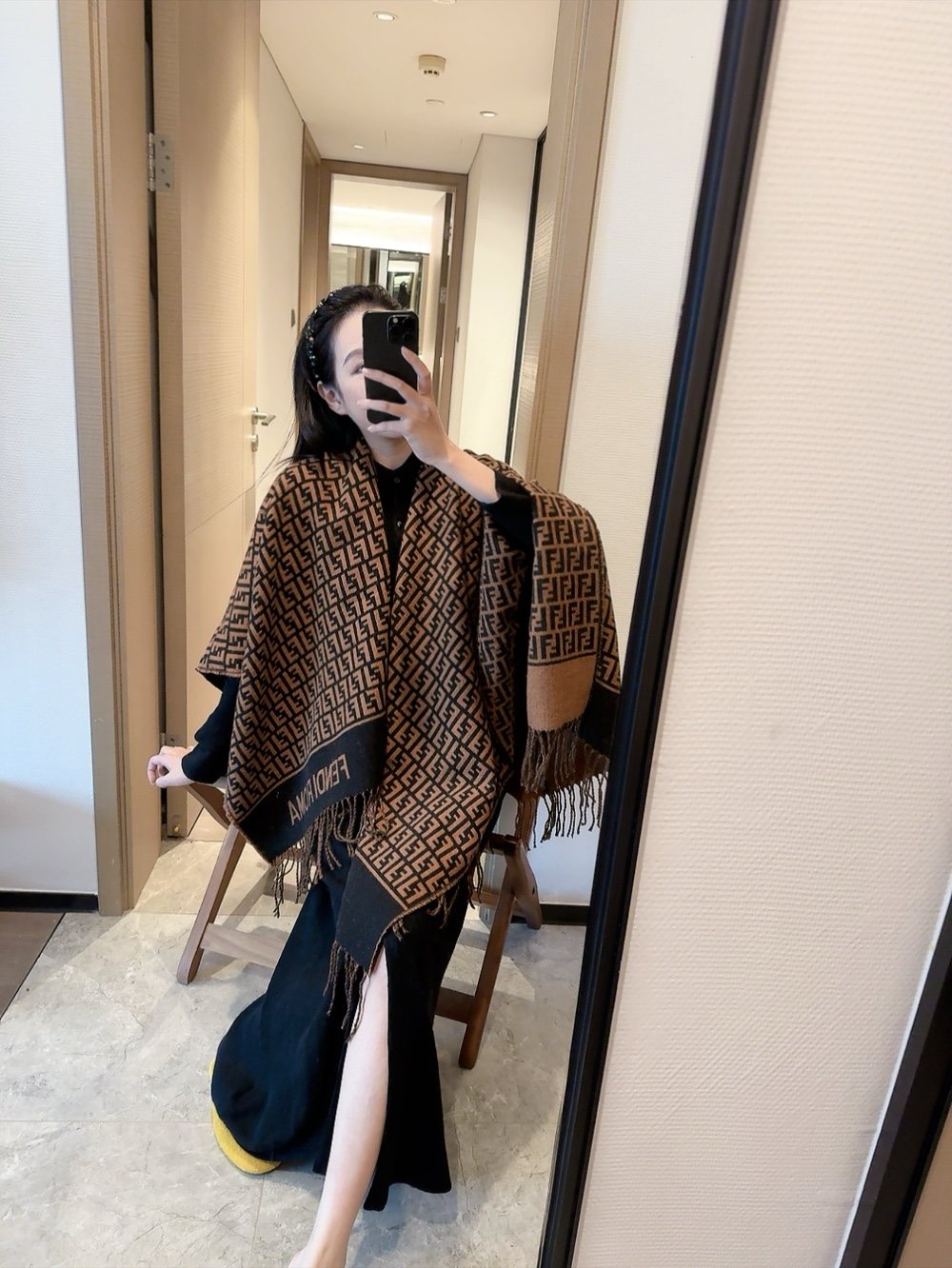 Fendi Brown and Black Fringed Cape — model