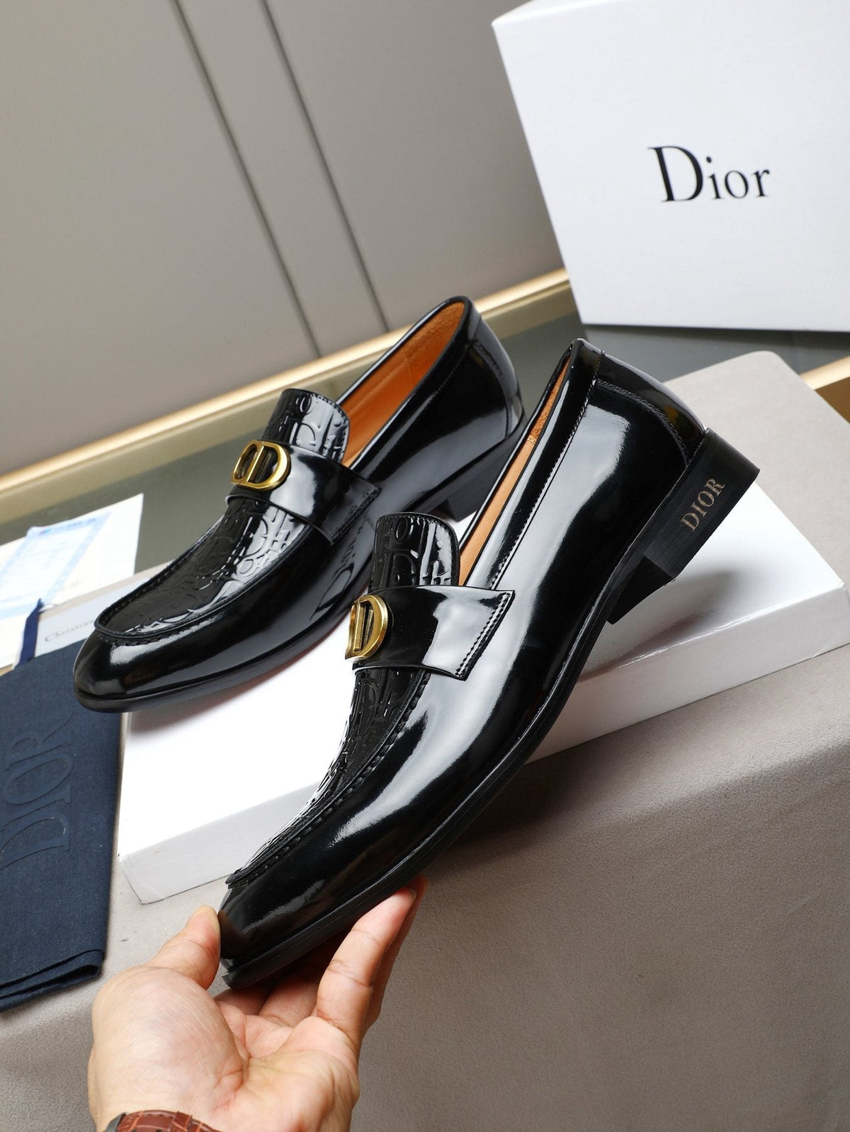 Dior Black Gold-Buckle Slip-On Dress Shoes — front