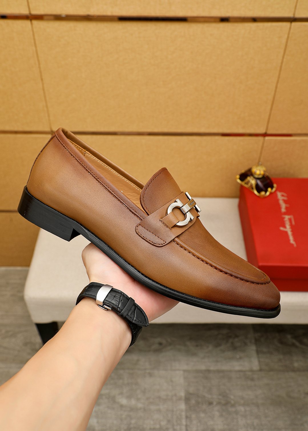 Ferragamo Brown Metal-Accent Loafers — model
