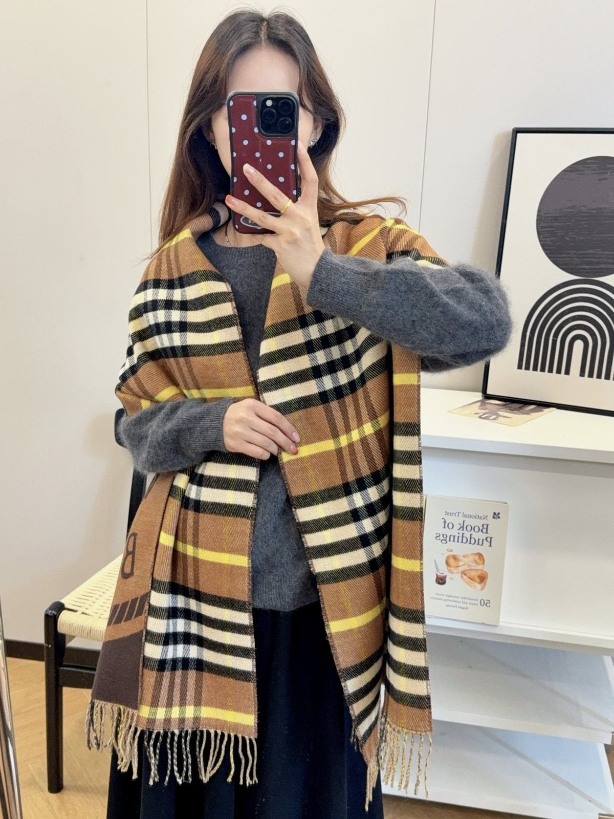 Burberry Brown Plaid Fringe Scarf — model