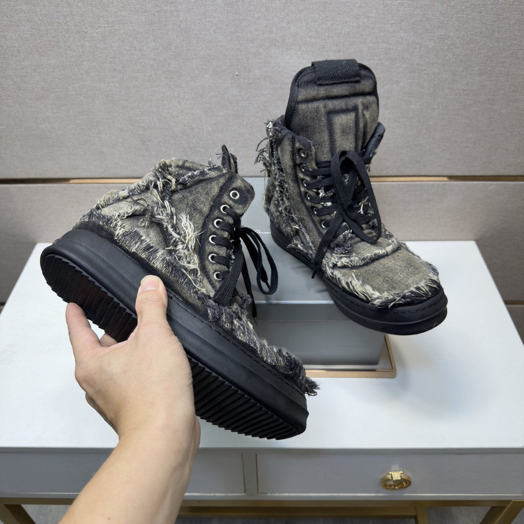 Gray and Black Distressed High-Top Sneakers — front