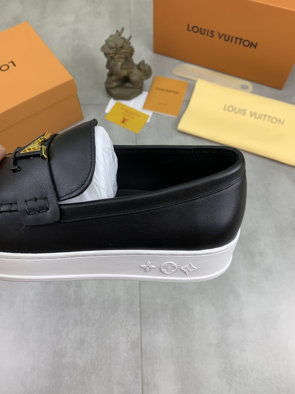 Louis Vuitton Metal Emblem Slip-On Loafers — detail