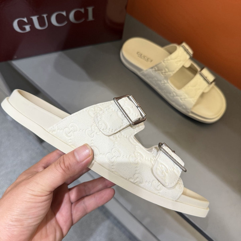 Gucci Two-Buckle Monogram Slide Sandals — model