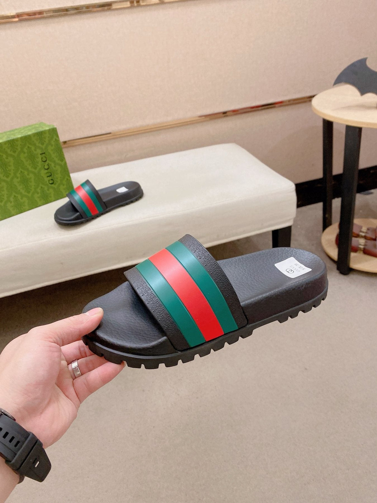 Gucci Green-Red Stripe Slide Sandals — side