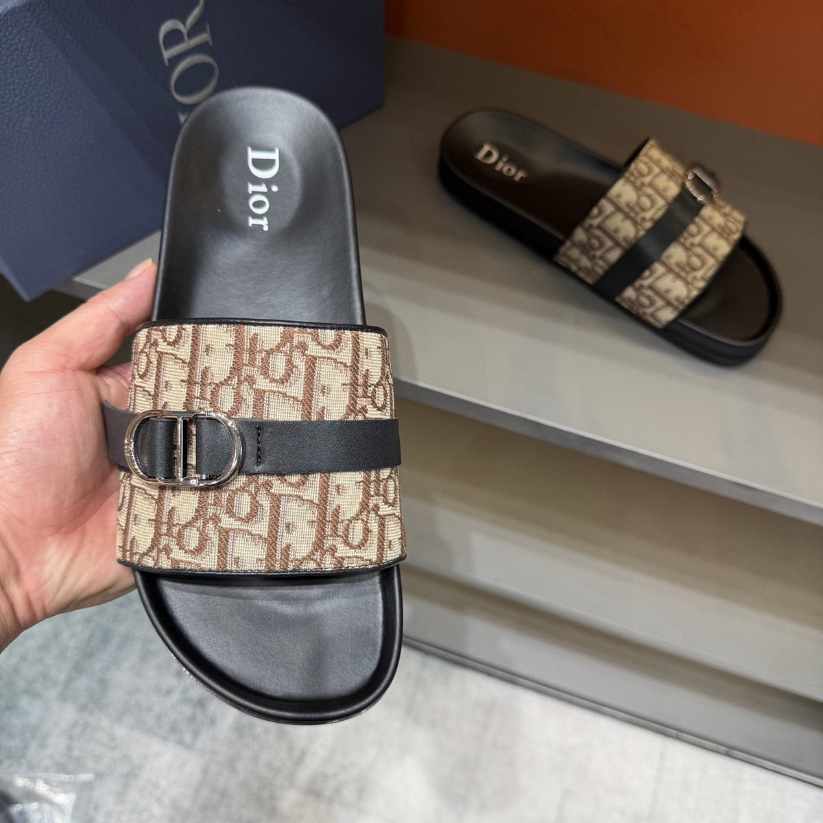 Dior Blue-Gray Pattern Slide Sandals — side