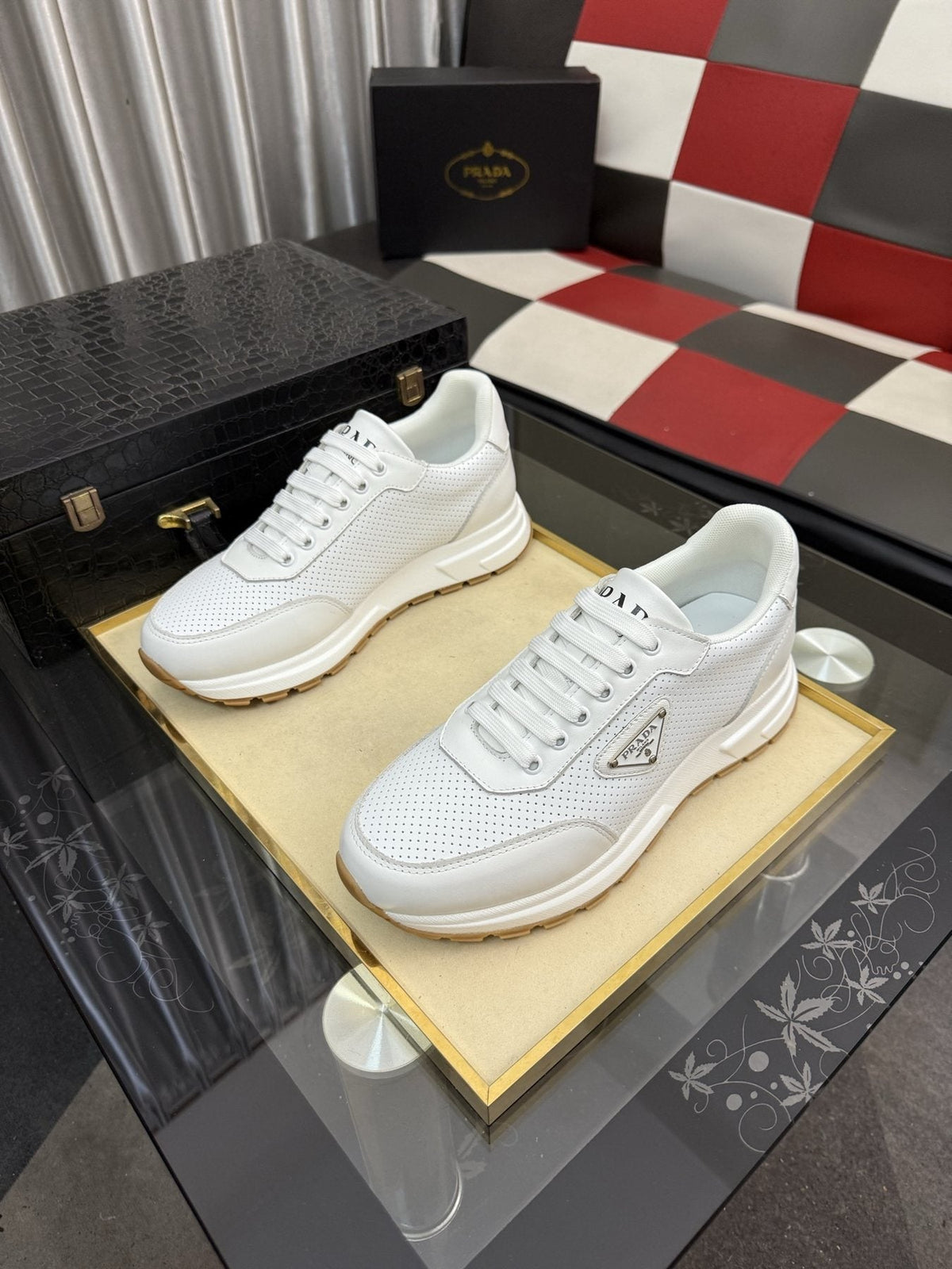 Prada Triangle Plaque Lace-Up Sneakers — front