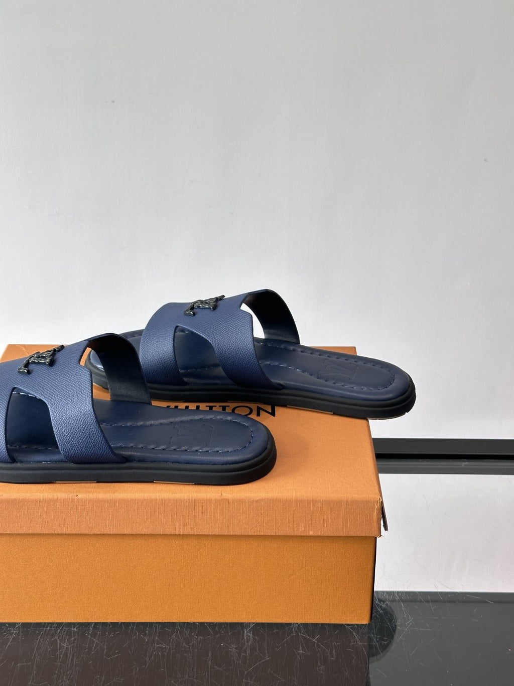 Louis Vuitton Navy Blue Slide Sandals — side